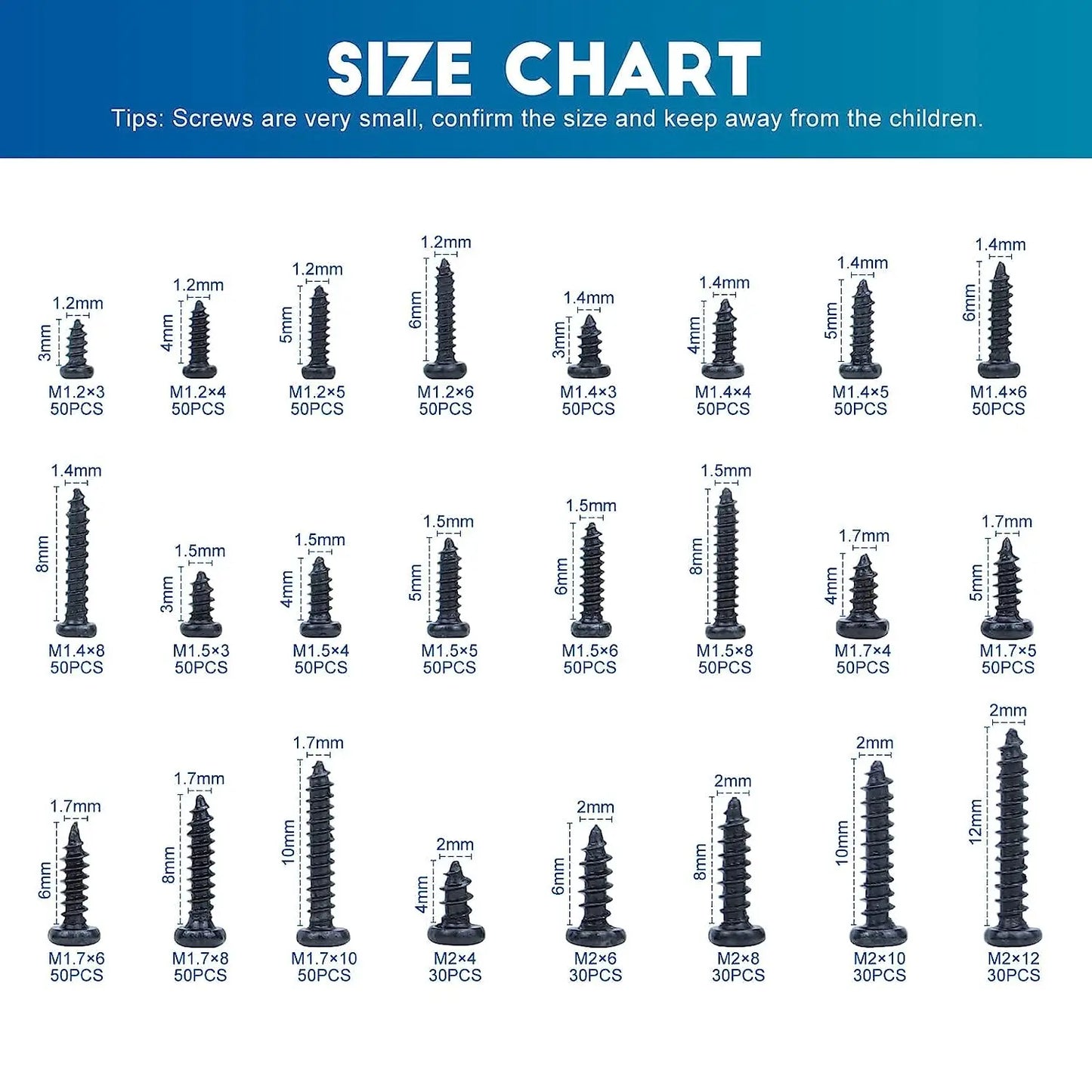 1100pcs Round Pan Head Tapping Screws Set